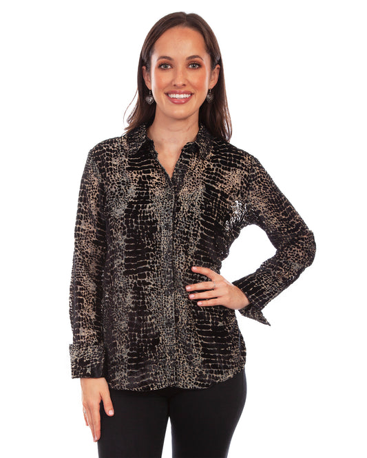 Women's Velvet Button Down French Cuffs Blouse by Scully from Skip’s Western Outfitters | SCU-HC800-BLK-XS-BLACK