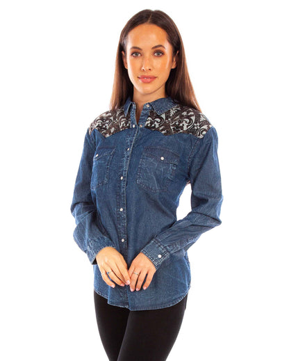 Women's Denim Blouse with Jacquard Contrast by Scully from Skip’s Western Outfitters | SCU-HC876-DEN-XS-DENIM