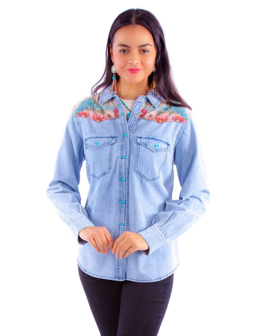 Cactus Print Denim Top by Scully from Skip’s Western Outfitters | SCU-HC901-DEN-S-DENIM