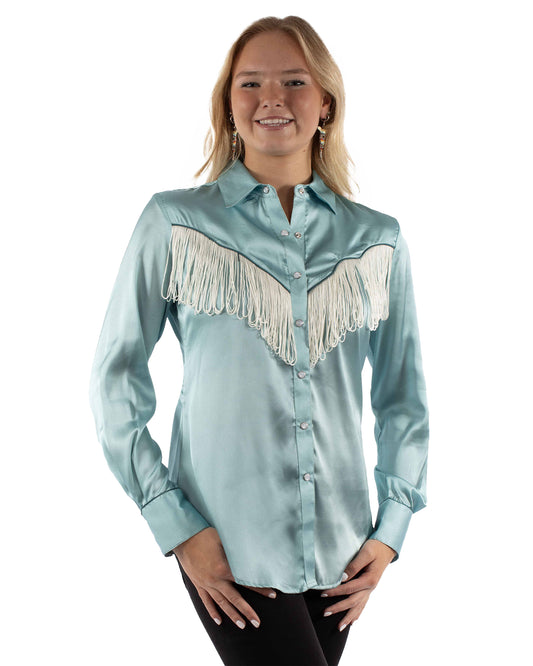 Women's Fringe Long Sleeve Western Shirt by Scully from Skip’s Western Outfitters | SCU-HC922-TUR-XS-TURQUOISE