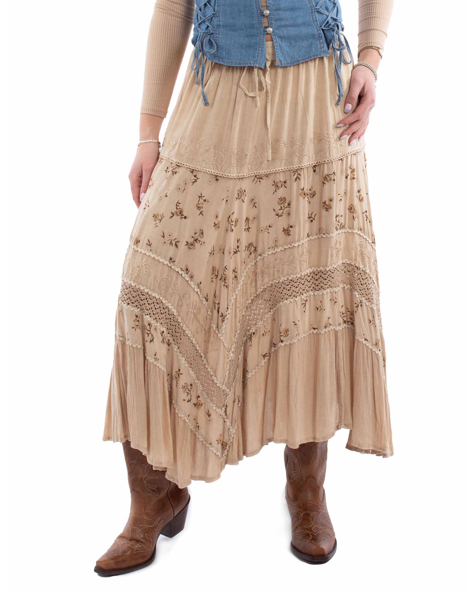 Women's Rose Print Skirt by Scully from Skip’s Western Outfitters | SCU-HC958-SAN-S-SAND