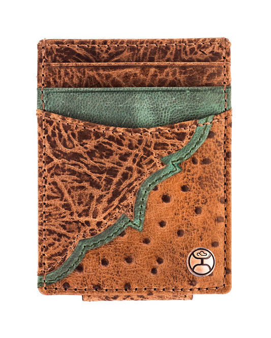 Sawyer Hooey Ostrich Print Leather Money Clip With Brown Overlay And Turquoise Accent - Hmc032-Tnbr