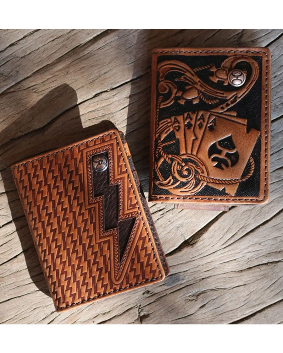 Gambler Tan Playing Card Embossed Bifold Money Clip With Hooey Logo Rivet - Hmc038-Brbk