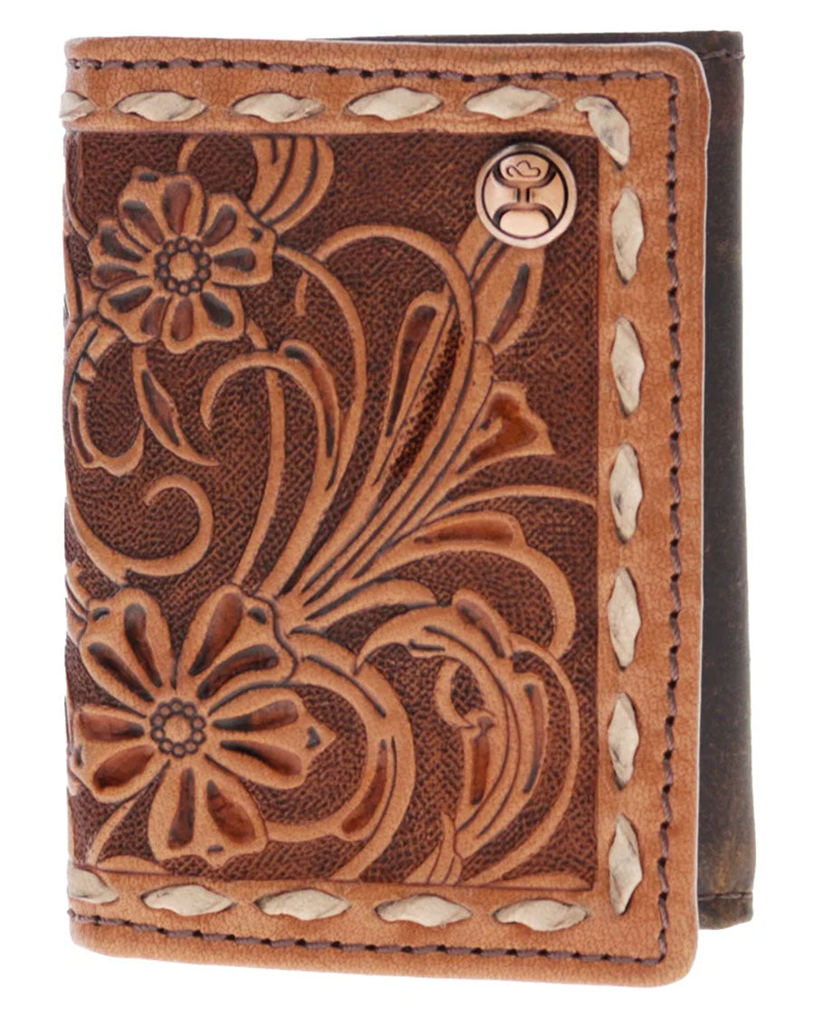 Tuff All Over Hand-Tooled Leather Floral Trifold With Hooey Logo Rivet - Htf039-Tnbr