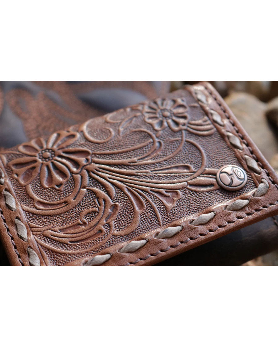 Tuff All Over Hand-Tooled Leather Floral Trifold With Hooey Logo Rivet - Htf039-Tnbr