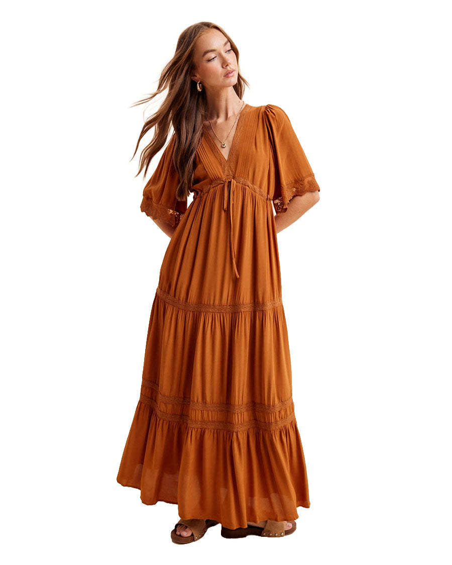 Women's Tencel Lace Trim Maxi Dress - Ild6999-Camel