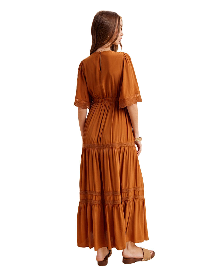 Women's Tencel Lace Trim Maxi Dress - Ild6999-Camel