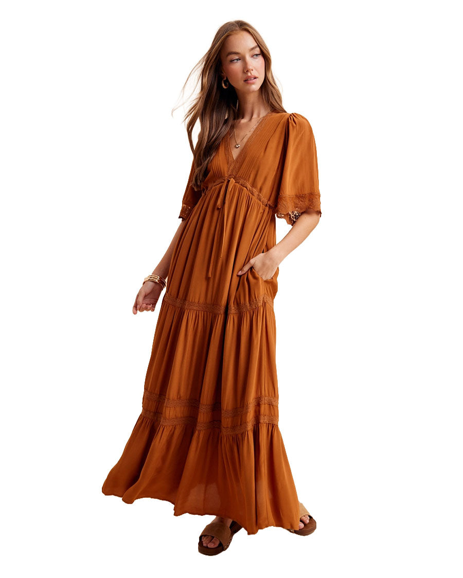 Women's Tencel Lace Trim Maxi Dress - Ild6999-Camel