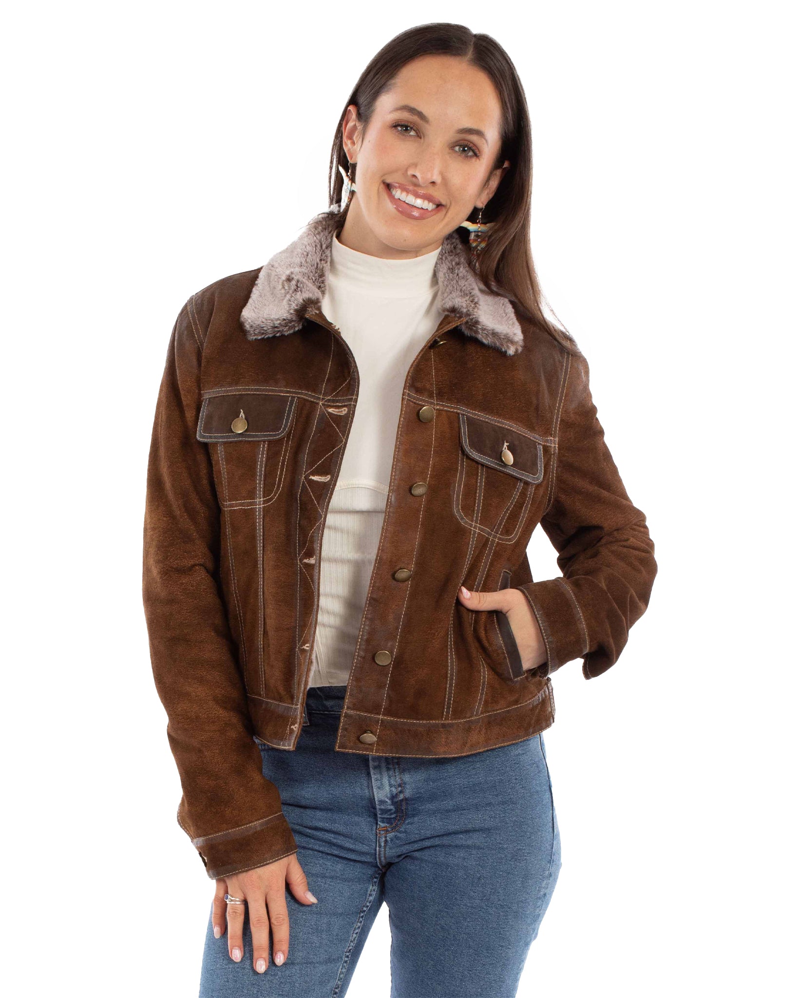 Ladies Jean Jacket - L1145-306 by Scully from Skip’s Western Outfitters | SCU-L1145-306-XS-BROWN
