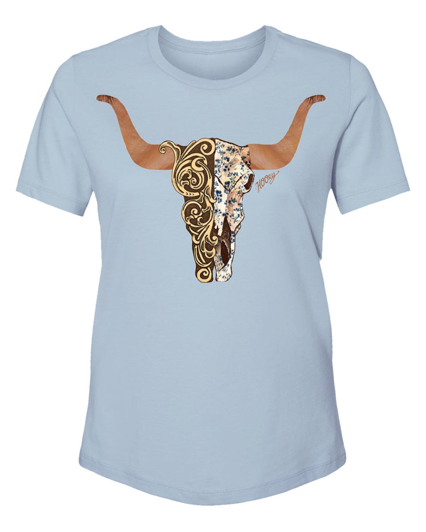 Yuma Ladies Denim Heather Crew Neck Cotton / Poly Short Sleeve T-Shirt With Brown / Tan Floral Skull - Ht1632De by Hooey from Skip’s Western Outfitters | HOO-HT1632DE-S