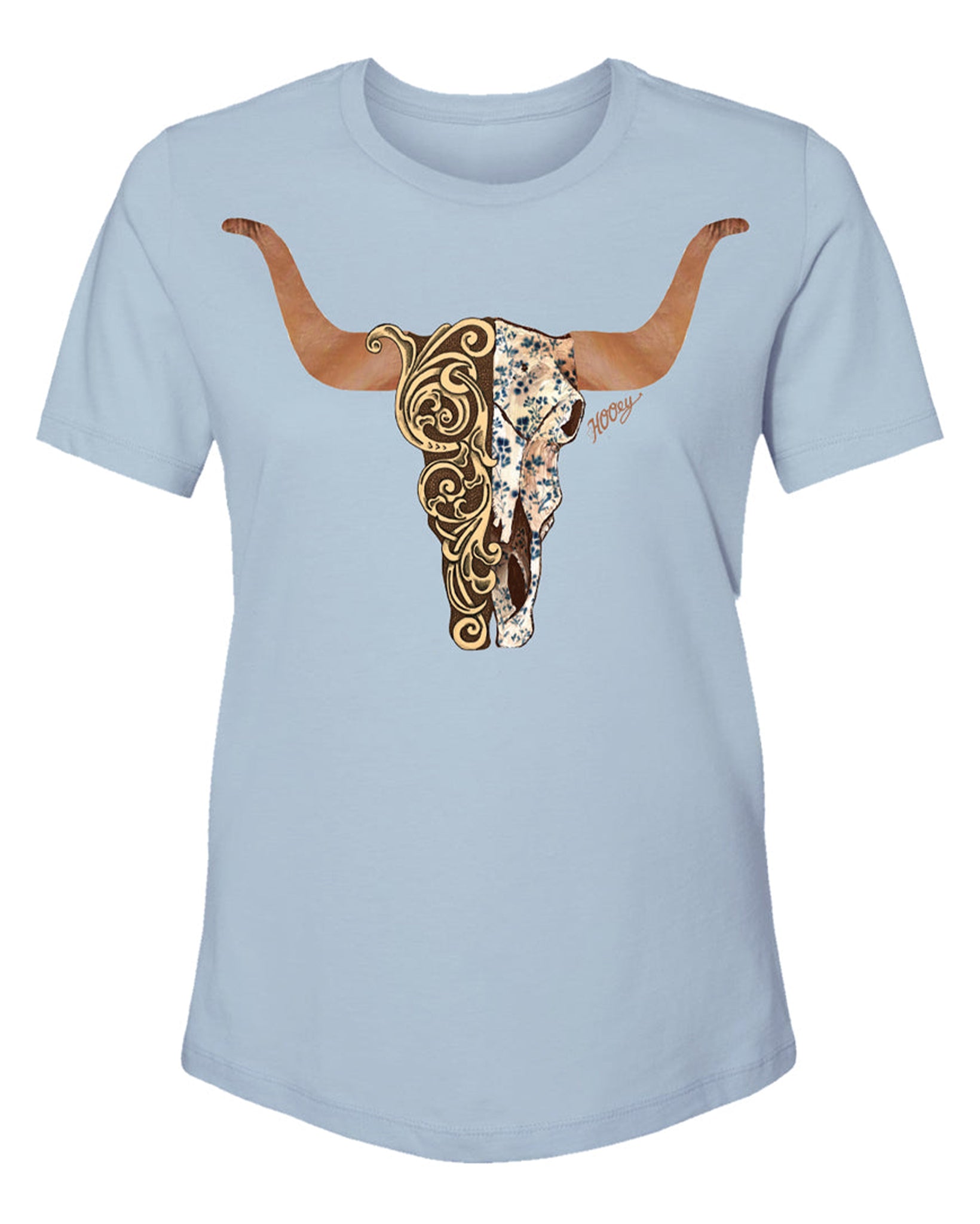 Yuma Ladies Denim Heather Crew Neck Cotton / Poly Short Sleeve T-Shirt With Brown / Tan Floral Skull - Ht1632De by Hooey from Skip’s Western Outfitters | HOO-HT1632DE-S