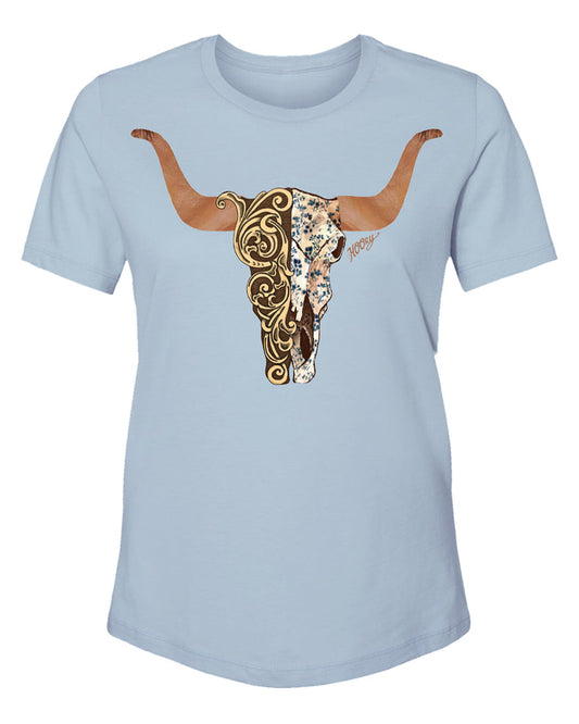 Yuma Ladies Denim Heather Crew Neck Cotton / Poly Short Sleeve T-Shirt With Brown / Tan Floral Skull - Ht1632De by Hooey from Skip’s Western Outfitters | HOO-HT1632DE-S