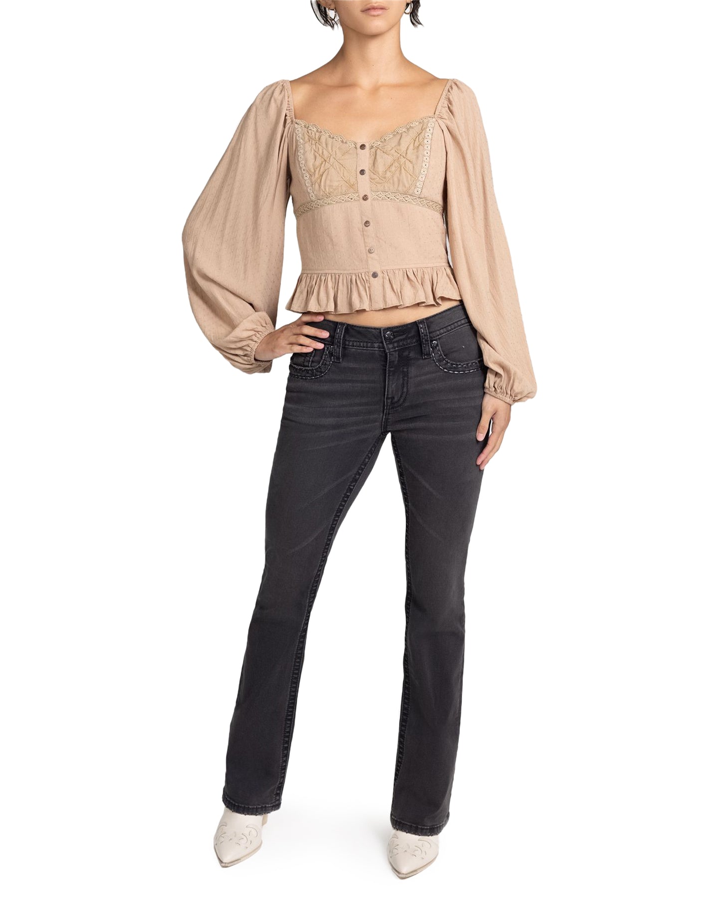 Long Sleeve Top With Ruffles - Mt3247L by Miss Me from Skip’s Western Outfitters | MMJ-MT3247L-S-TAUPE