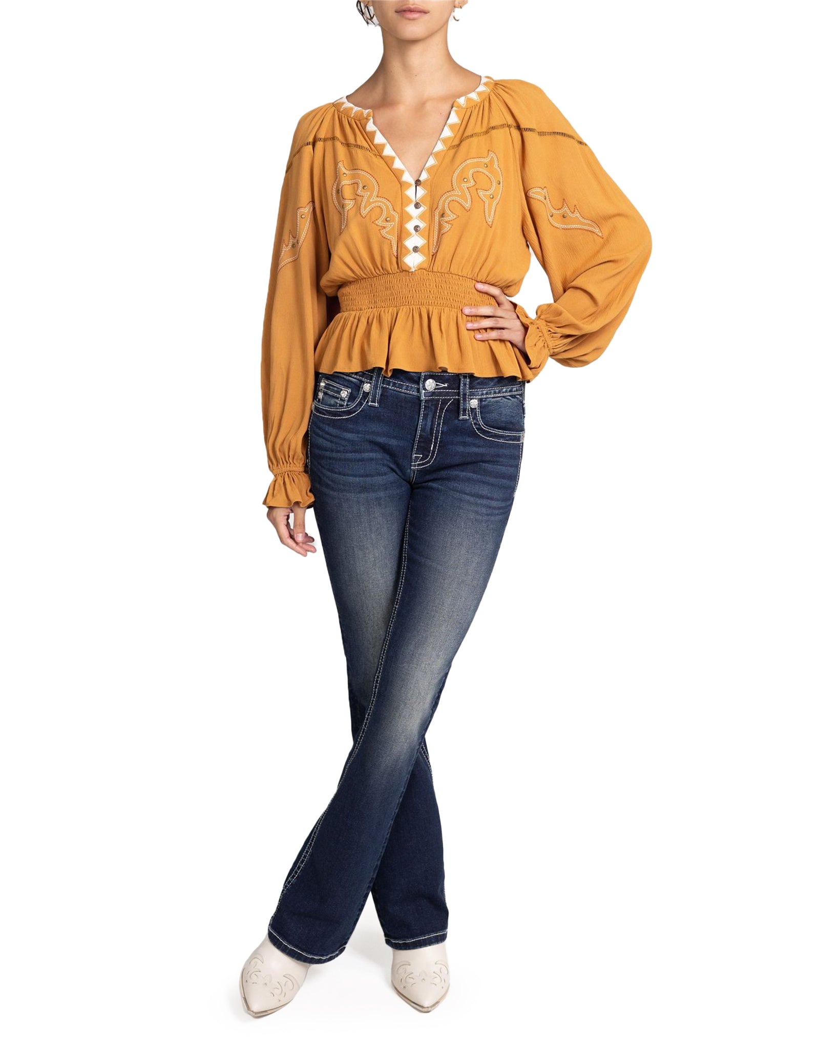 Puff Sleeve Top - Mt3221L by Miss Me from Skip’s Western Outfitters | MMJ-MT3221L-S-CAMEL-BRN
