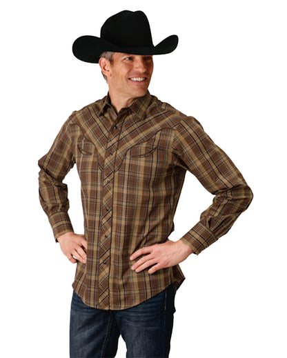 Men's Long Sleeve Snap Multi Brown Plaid Western Shirt - 01-001-0024-6040 Br by Roper from Skip’s Western Outfitters | KAR-01-001-0024-6040-BR-S-BROWN