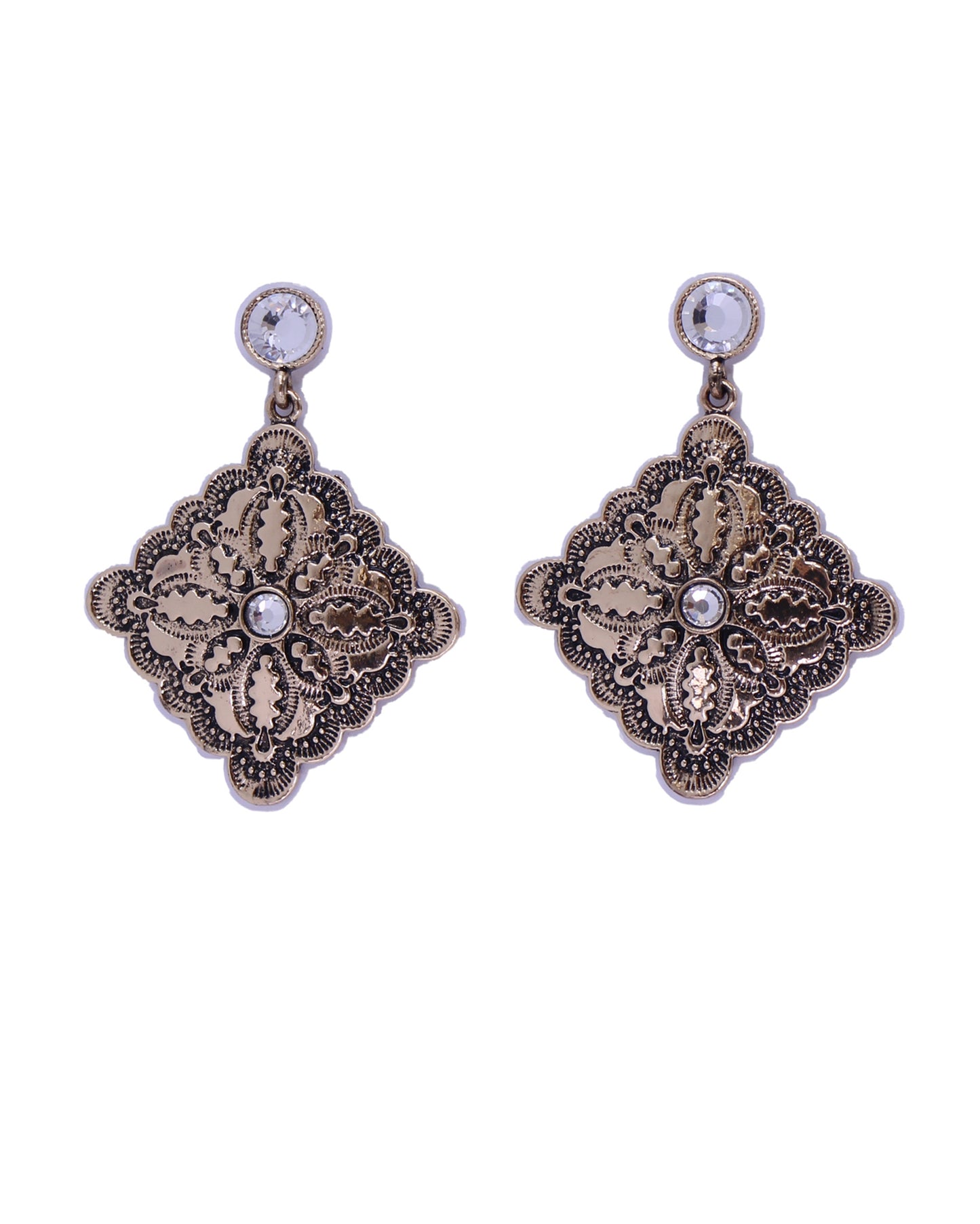 Women's Burnished Gold Diamond Shaped Concho Earring On Rhine - E818Gclr