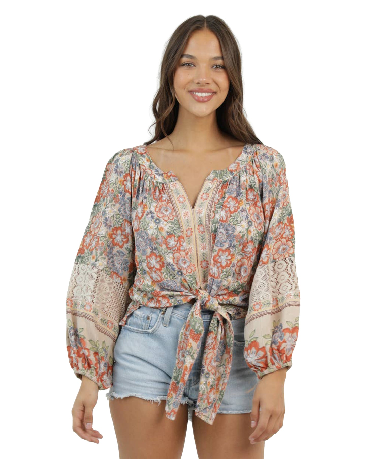 Women's Tie Front Long Sleeve Blouse - H2643-Fq54-Sand