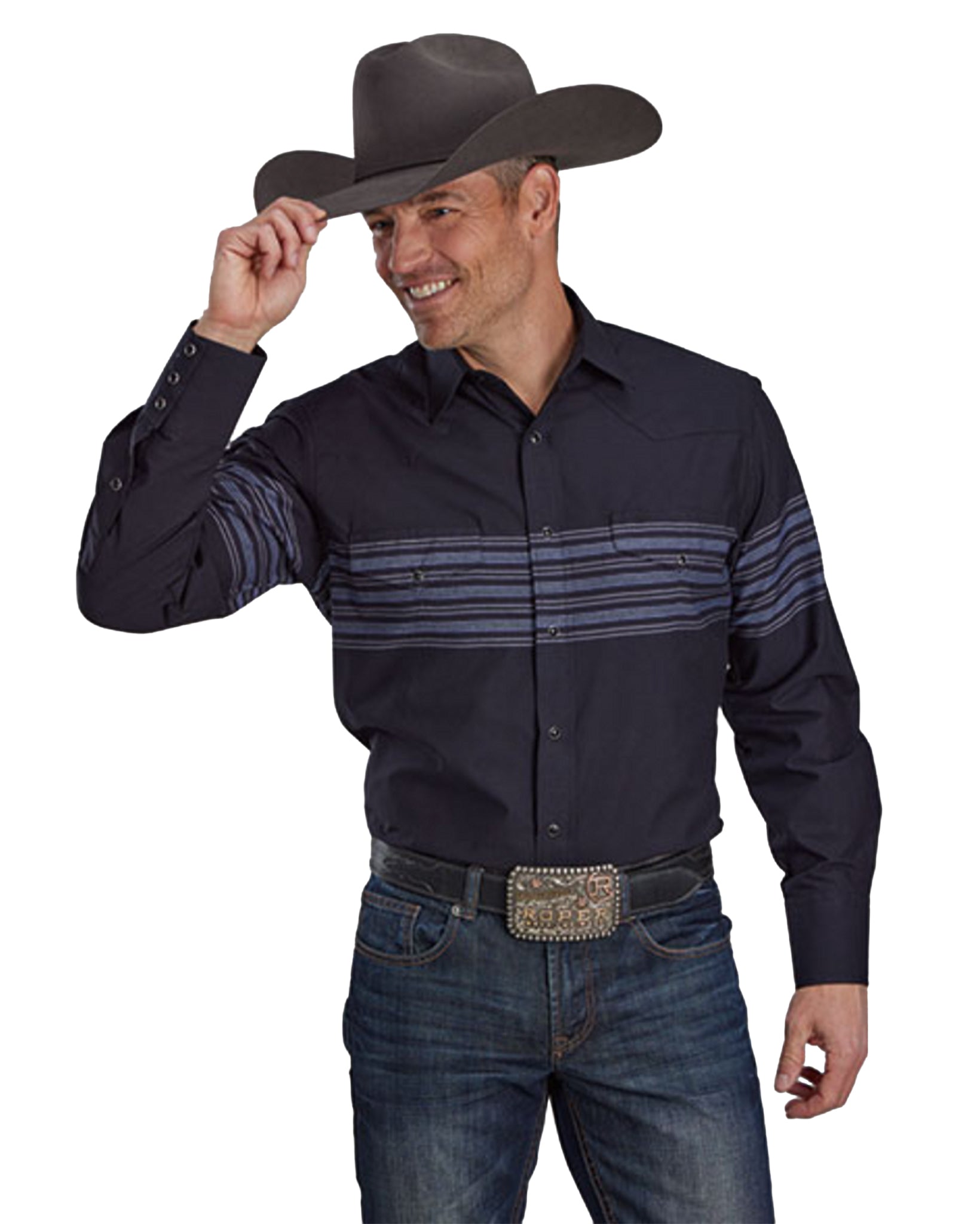 Mens Black And Blue Border Stripe Long Sleeve Snap Western Shirt - 01-001-0043-0675 Bl by Roper from Skip’s Western Outfitters | KAR-01-001-0043-0675-BL-S-BLUE