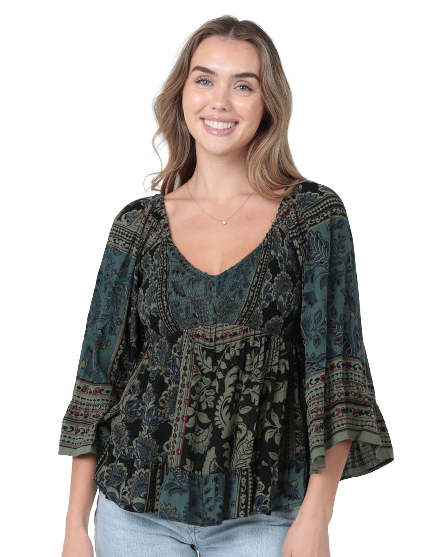 Women's V-Neck Smocked Bodice Blouse - C2584-A908-Green