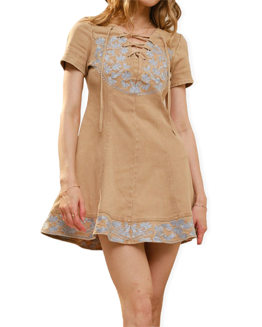 Women's Embroidered Lace Up Denim Mini Dress
