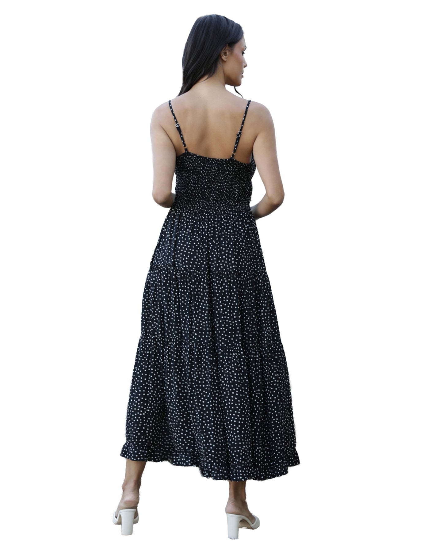 Women's Polka Dot Side Slit Maxi Dress - C4C84-Fq00-Black