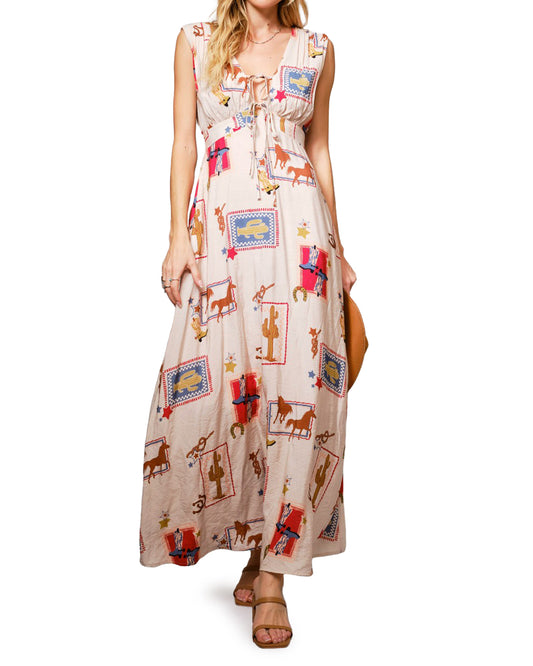 Women's Western Motif Tie-Front Maxi Dress
