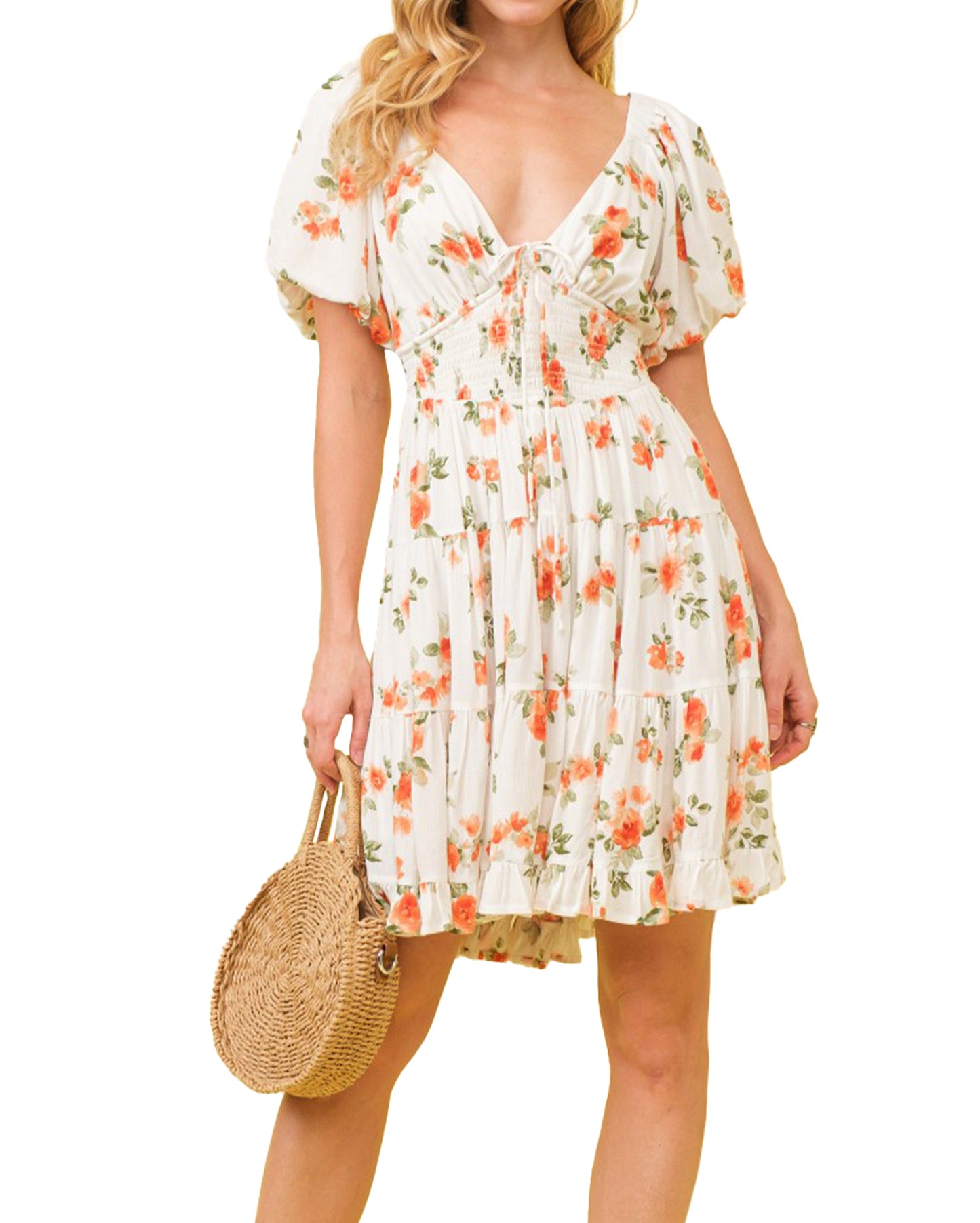 Women's Crinkle Floral V Neck Mini Dress