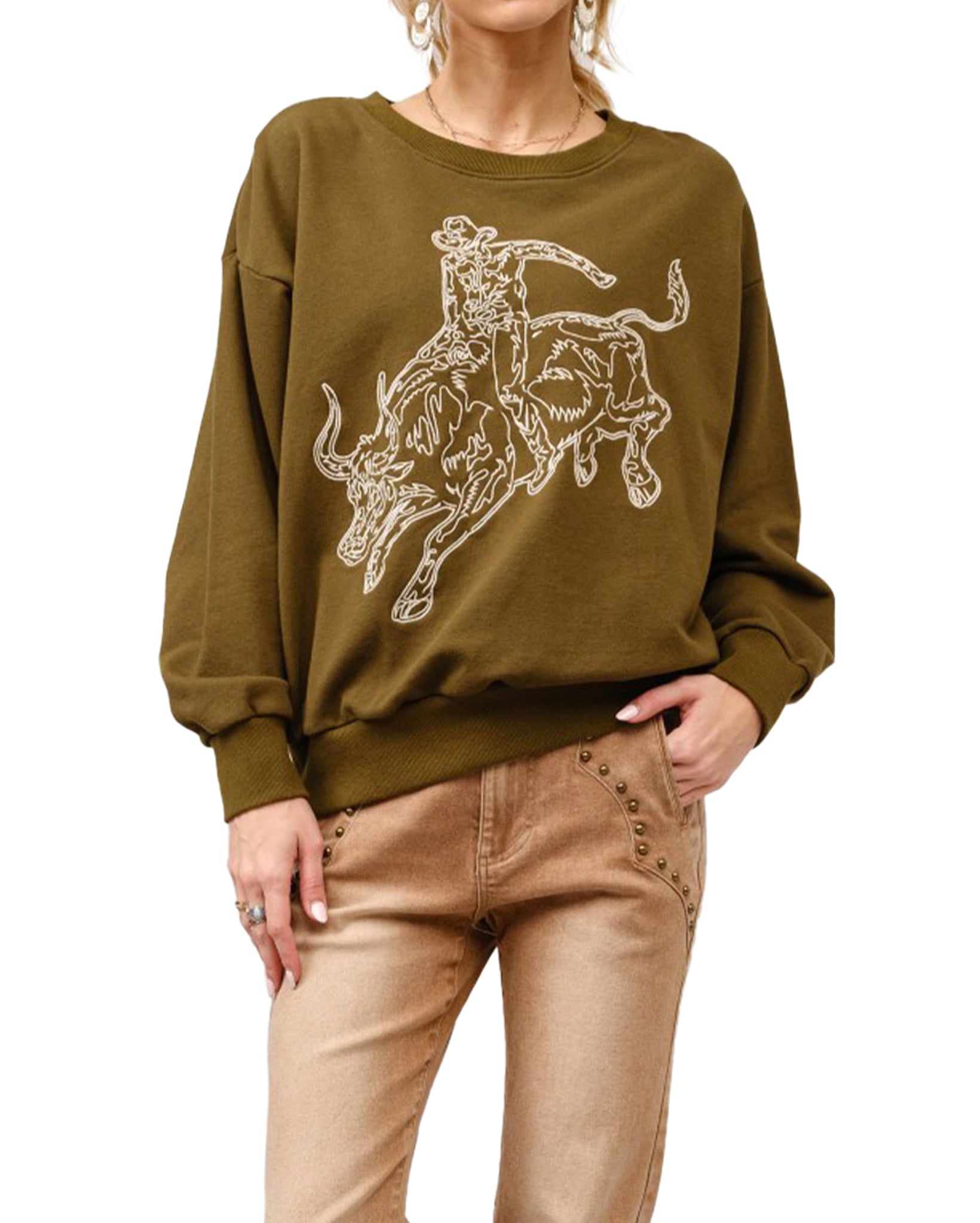 Women's Embroidered Bull Rider Motif Sweatshirt by Blue B from Skip’s Western Outfitters | BLB-36327T-FOREST-GREEN-S-FOREST-GREEN