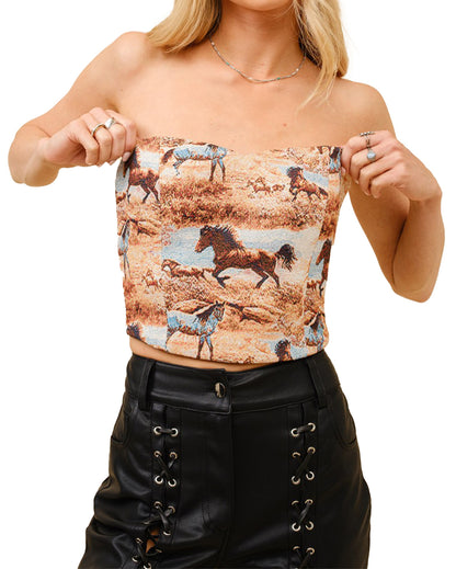 Women's Horse Jacquard Lace Up Corset Top by Blue B from Skip’s Western Outfitters | BLB-36348T-BROWN-MULTI-S-BROWN-MULTI