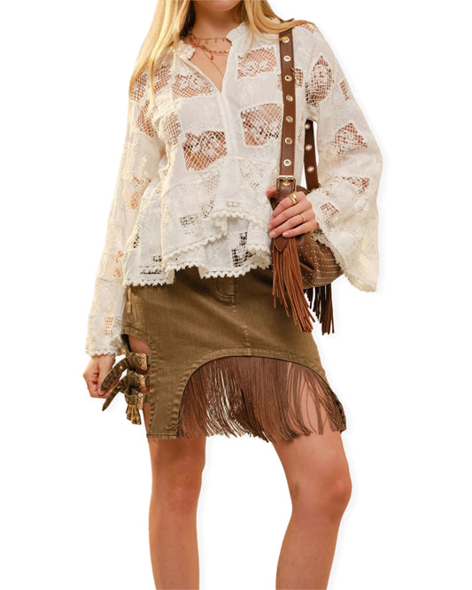 Women's Ruffle Sleeve Crochet Peplum Top