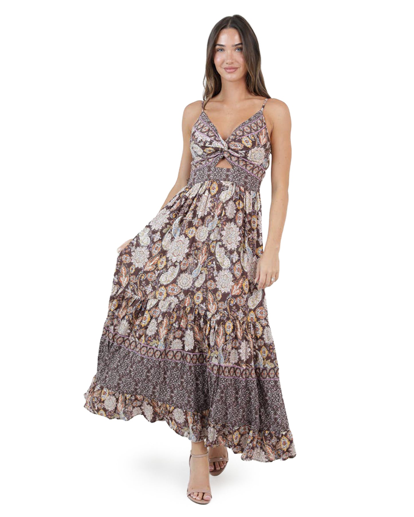 Women's Twist Front Cut Out Maxi Dress - F4F50-A990-Chocolate