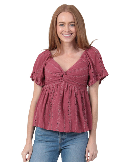 Women's Eyelet Embroidered Twist Front Blouse - C2186-Em08-Dried Rose by Angie from Skip’s Western Outfitters | ANG-C2186-EM08-DRIED-ROSE-S-DRIED-ROSE