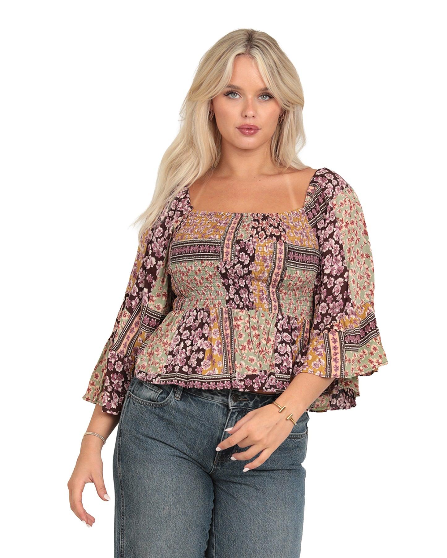 Women's Smocked Bodice Bell Sleeve Blouse - B2Mm6-A947-Brown-Pink