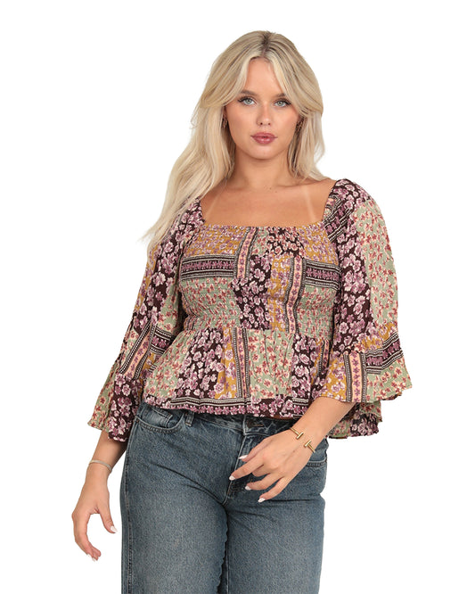 Women's Smocked Bodice Bell Sleeve Blouse - B2Mm6-A947-Brown-Pink by Angie from Skip’s Western Outfitters | ANG-B2MM6-A947-BROWN-PINK-S-BROWN-PINK