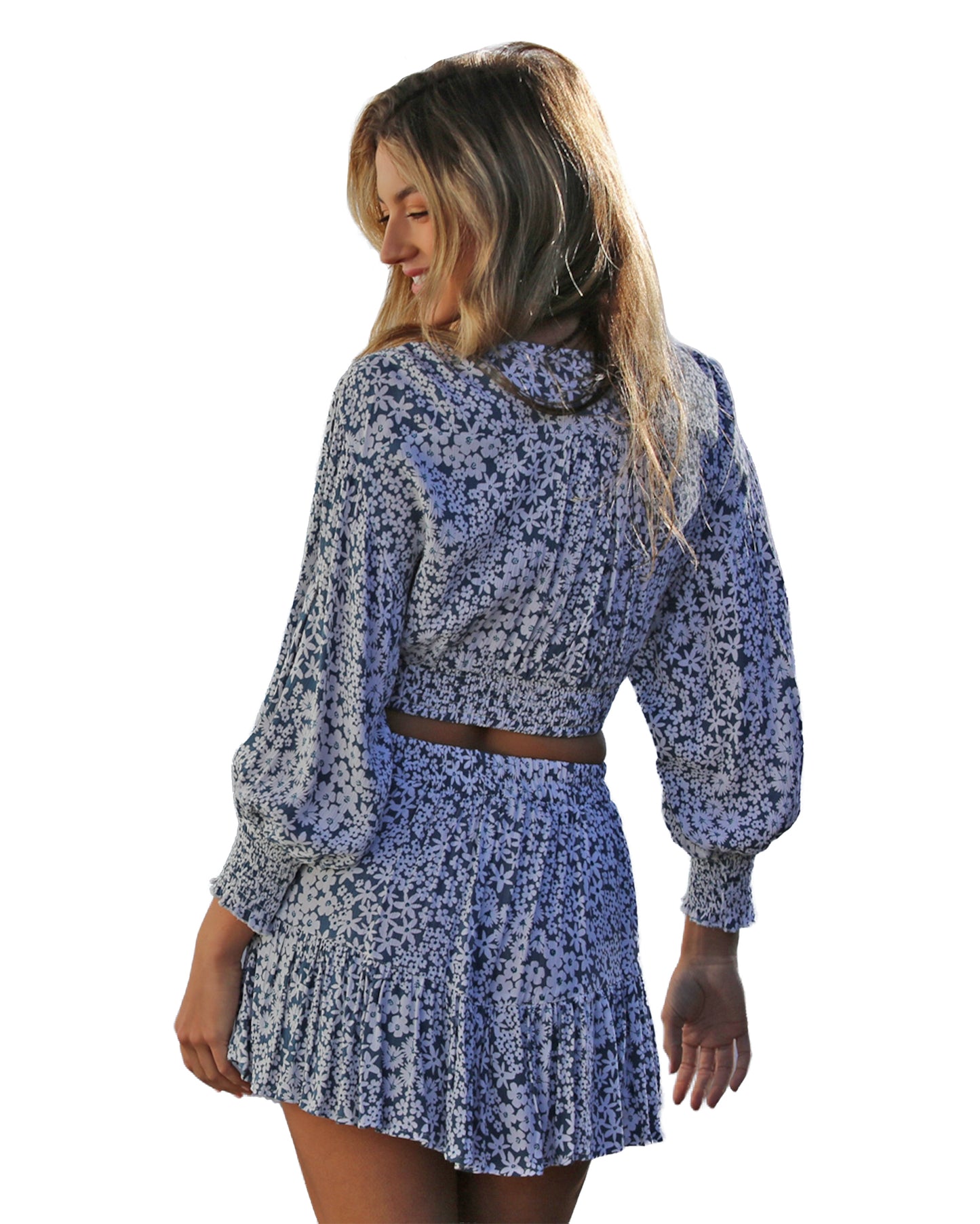Women's Long Sleeve Button Front Crop Top Blouse - F2633-Fp77-Floral