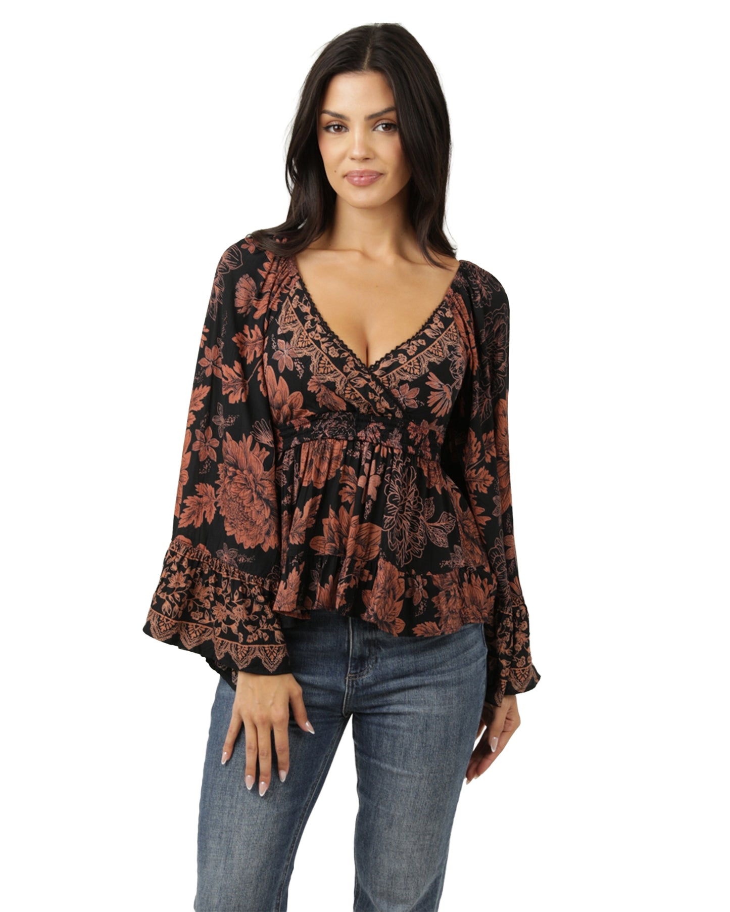 Women's V-Neck Bell Sleeve Blouse - C2D69-Wb08-Black