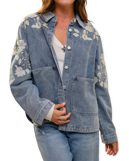 Women's Denim Jacket With Floral Embroidery by Blue B from Skip’s Western Outfitters | BLB-91616J-LIGHT-DENIM-S-LIGHT-DENIM