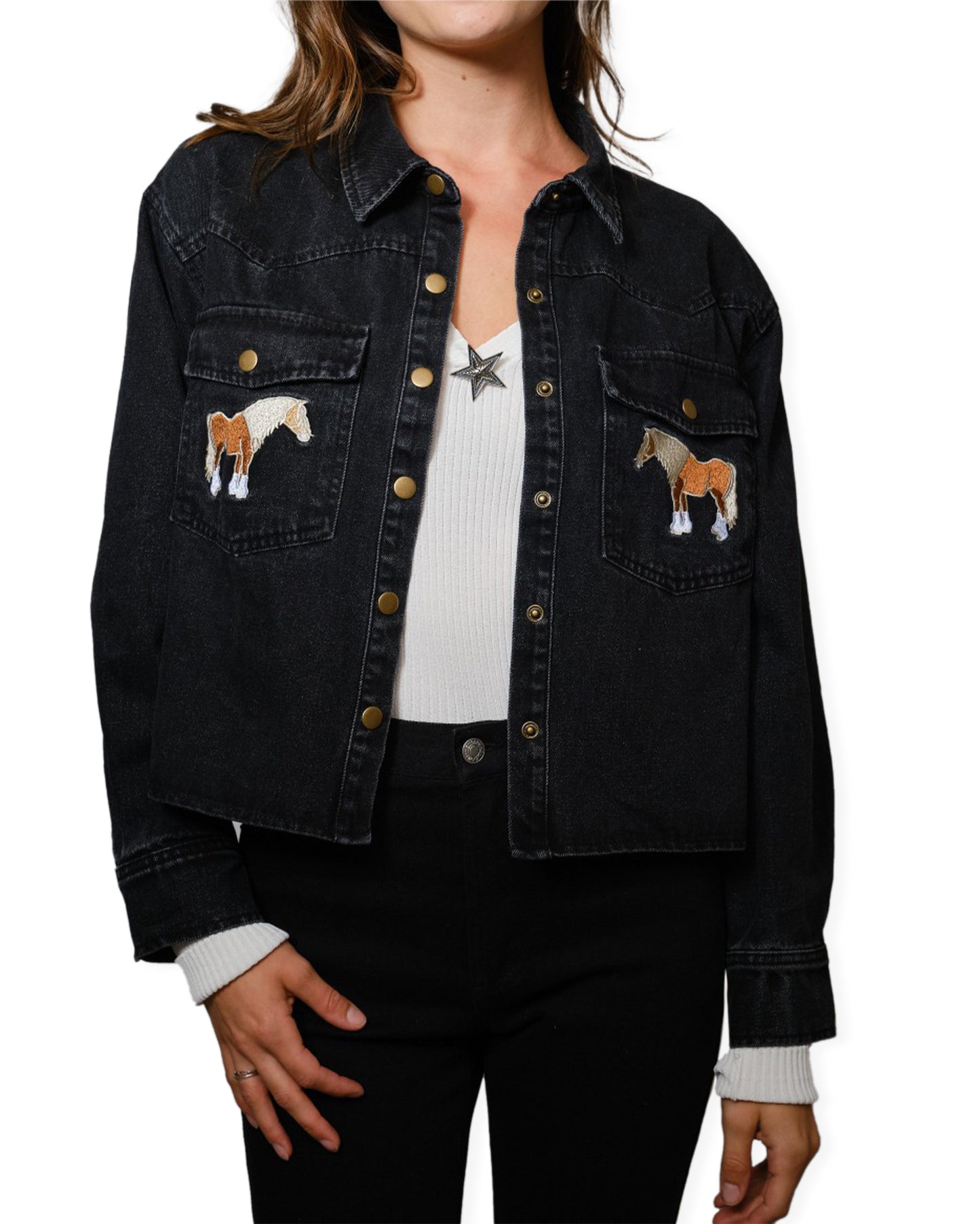 Women's Horse Embroidered Cropped Denim Jacket