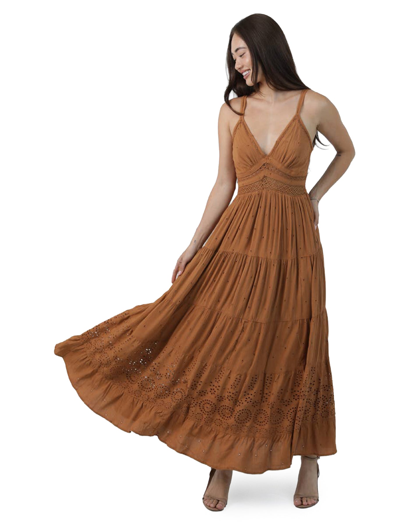 Women's V-Neck Maxi Dress - C4D14-Em47-Desert