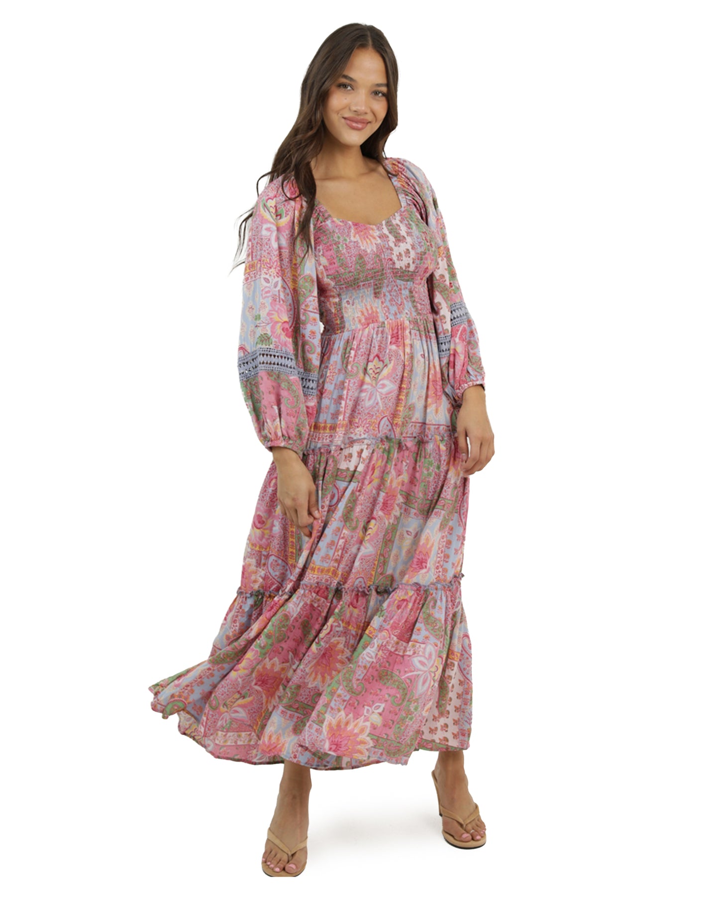 Women's Sweetheart Paisley Print Long Sleeve Maxi Dress - C4626-W909-Fuschia-Multi