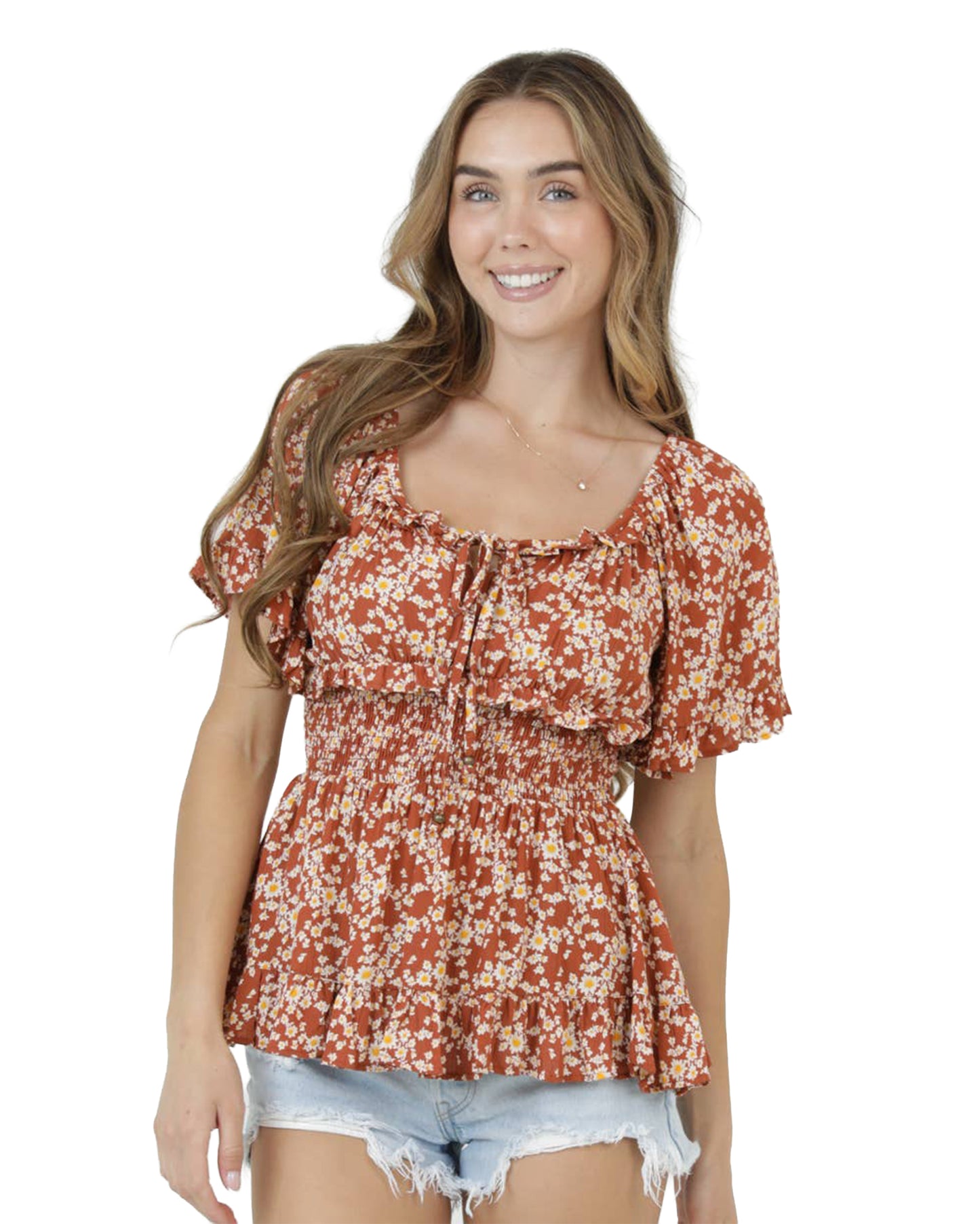 Women's Floral Print Short Sleeve Smocked Waist Blouse - C2E30-W802-Clay