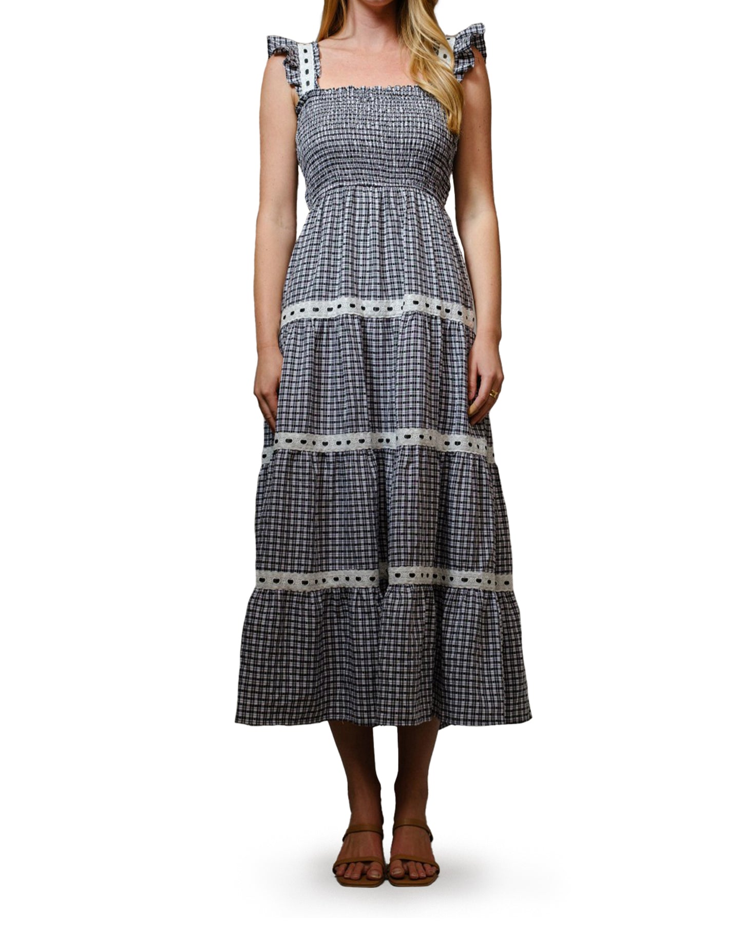 Women's Shoulder Lace Trim Smocked Maxi Dress