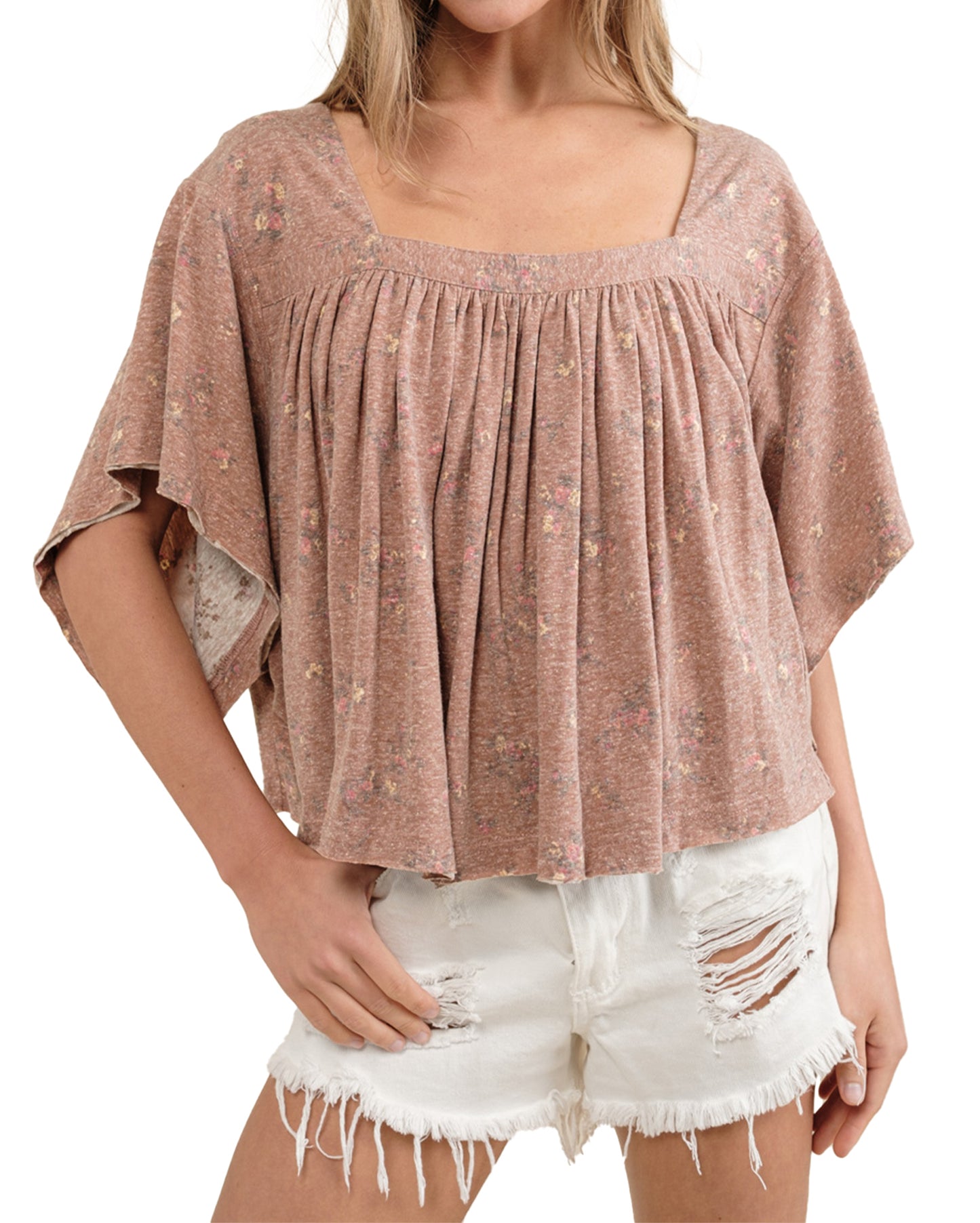 Women's Garment Washed Shirred Crop Jersey Knit Top