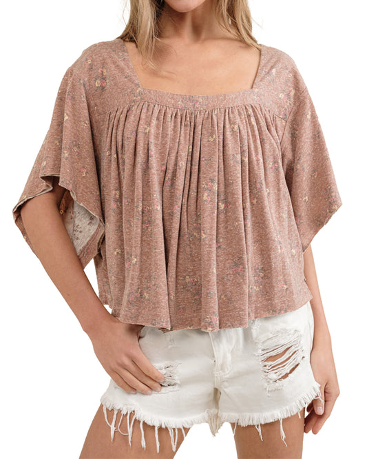 Women's Garment Washed Shirred Crop Jersey Knit Top