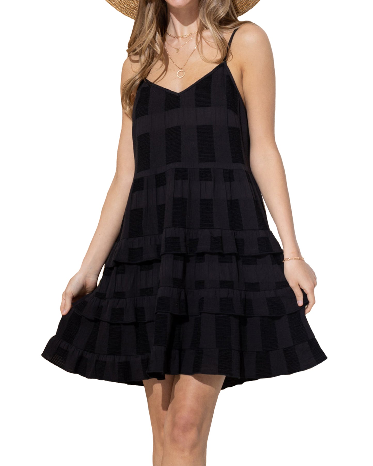 Women's Flocking Square Jacquard Solid Cami Tiered Ruffle Mini Dress