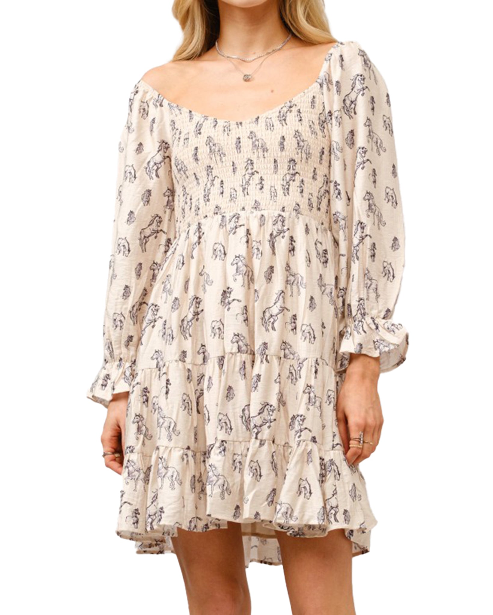 Women's Horse Print Puff Sleeve Tiered Mini Dress by Blue B from Skip’s Western Outfitters | BLB-36347D-CREAM-S