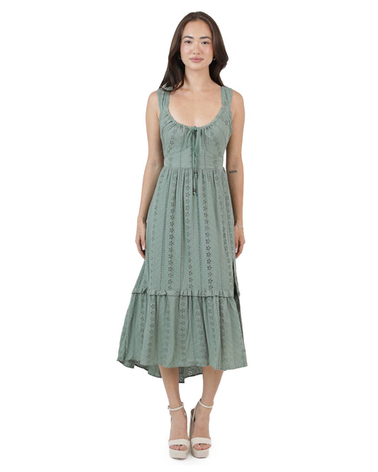 Women's Eyelet Embrodiered Slit Maxi Dress - C4E24-Em08-Olive by Angie from Skip’s Western Outfitters | ANG-C4E24-EM08-OLIVE-S-OLIVE
