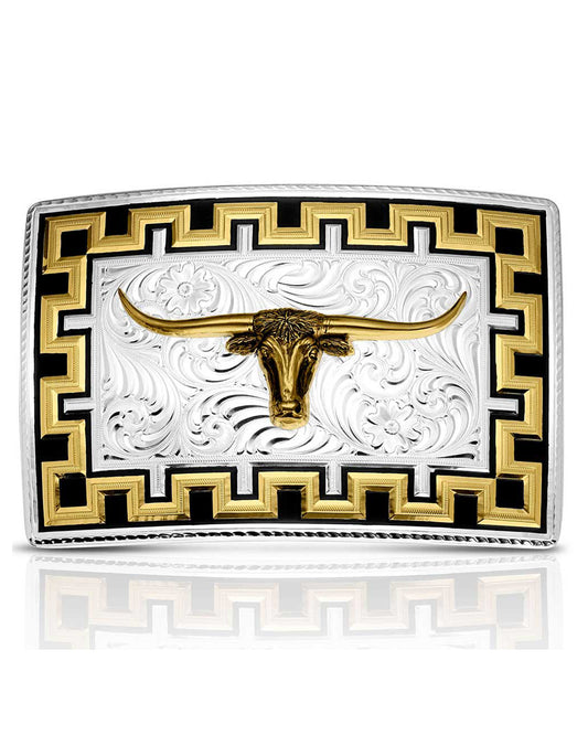 Longhorn Honor And Grit Belt Buckle by Montana Silversmiths from Skip’s Western Outfitters | MON-55510-767M-O/S