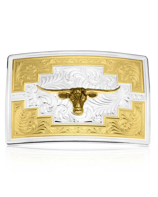 Longhorn Santa Fe Sunrise Belt Buckle by Montana Silversmiths from Skip’s Western Outfitters | MON-55910-41-O/S