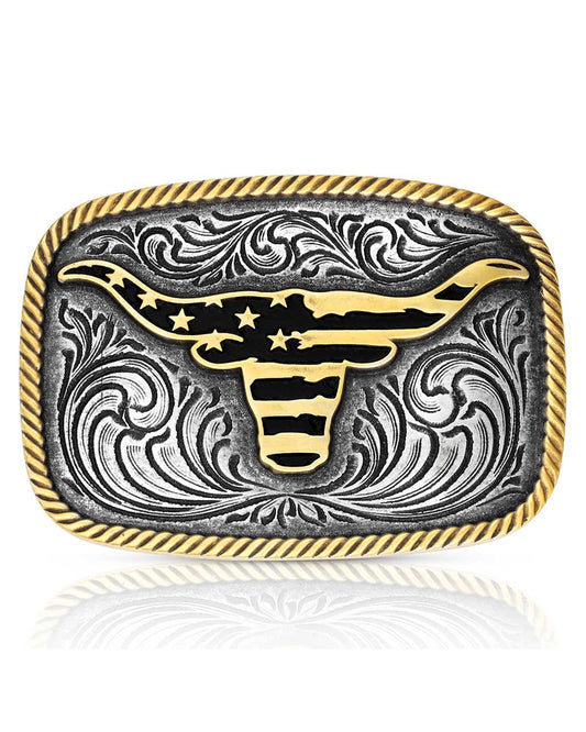 Western Patriotic Longhorn Belt Buckle by Montana Silversmiths from Skip’s Western Outfitters | MON-A1054P-O/S